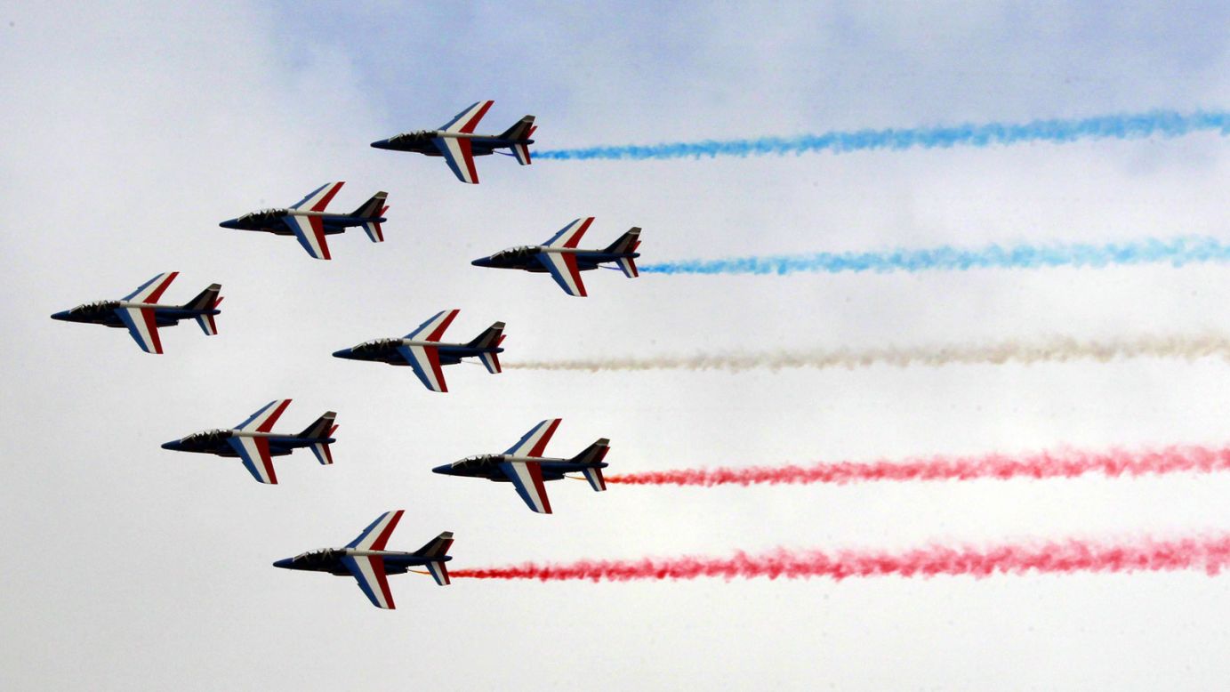 The Patrouille Acrobatique de France demonstrates its skills as part of the opening ceremony at the Le Bourget Air Show, near Paris. The French Air Force team is a regular fixture at the show.
