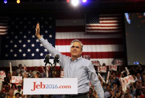 Former Florida Gov. Jeb Bush waves as he takes the stage as he formally announces he is joining the race for president with a speech June 15, 2015, at Miami Dade College in Miami.