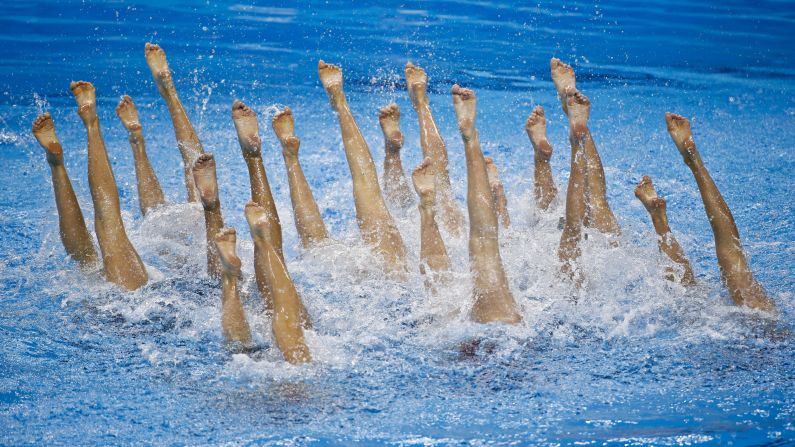 A synchronized-swimming team from France performs a free routine at the European Games on Saturday, June 13. The European Games are taking place in Baku, Azerbaijan, until June 28.