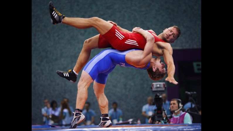 Ukrainian wrestler Dmytro Pyshkov suplexes Germany's Pascal Eisele at the European Games on Sunday, June 14. Pyshkov defeated Eisele to win the bronze medal in their weight class.