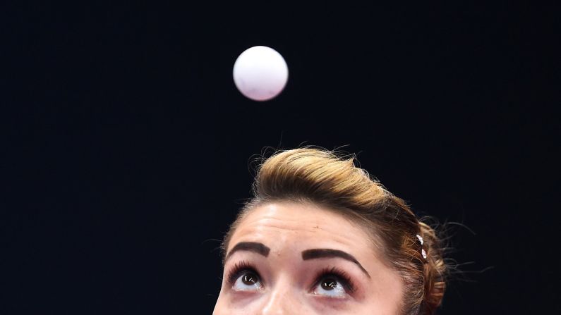 Romania's Bernadette Szocs watches the ball during a table-tennis match at the European Games on Saturday, June 13.