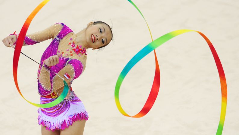 Tong Kah Mun, a rhythmic gymnast from Singapore, performs her ribbon routine during the Southeast Asian Games on Sunday, June 14.