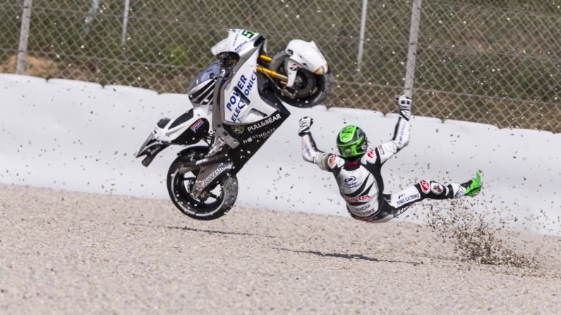 Eugene Laverty crashes Saturday, June 13, while qualifying for the MotoGP race in Barcelona, Spain. He came back the next day to finish a career-best 12th.