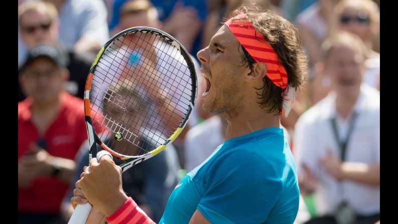 Rafael Nadal celebrates after winning the final of the Mercedes Cup, a grass-court event in Stuttgart, Germany, on Sunday, June 14. It was Nadal's first title on grass since winning Wimbledon in 2010.