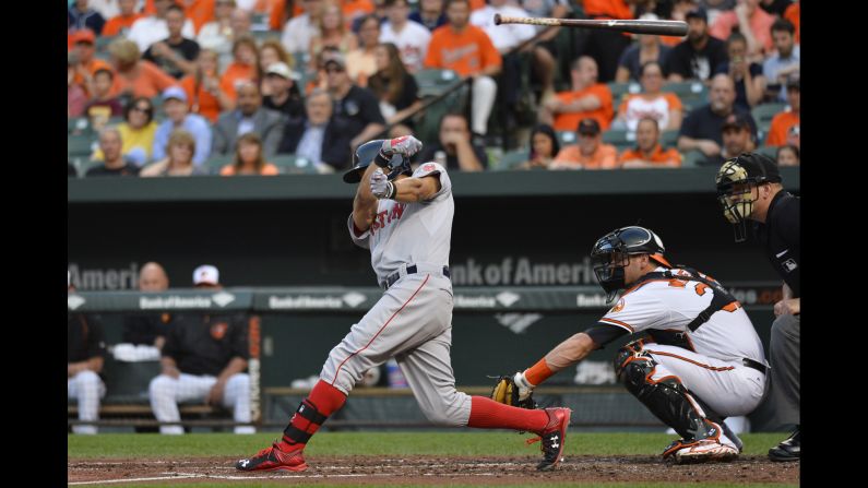 Boston's Mookie Betts loses control of his bat during a game in Baltimore on Tuesday, June 9.