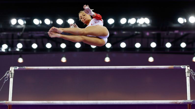 Polish gymnast Katarzyna Jurkowska-Kowalska competes on the uneven bars at the European Games on Sunday, June 14.