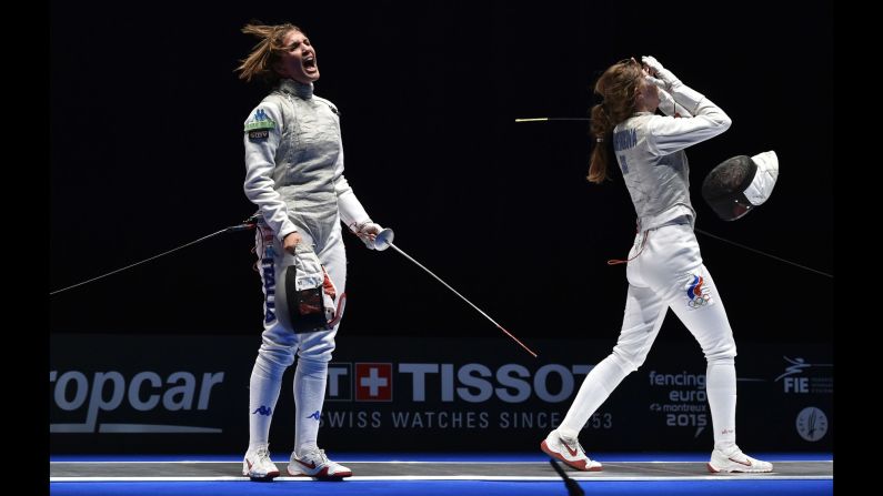Italy's Arianna Errigo, left, reacts after defeating Russia's Larisa Korobeynikova in the women's team foil final Thursday, June 11, at the European Fencing Championships.