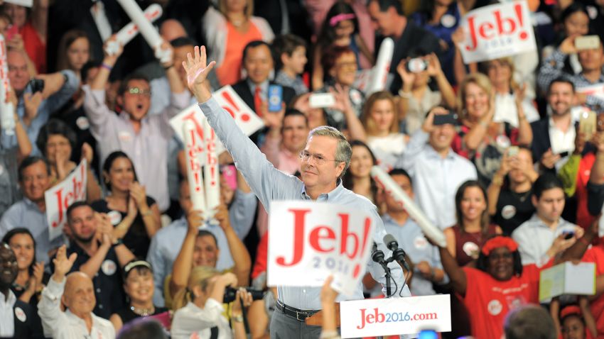 Former Republican Gov. Jeb Bush celebrates after announcing his candidacy for the 2016 presidential elections, at Miami Dade College on June 15, 2015, in Miami, Florida.