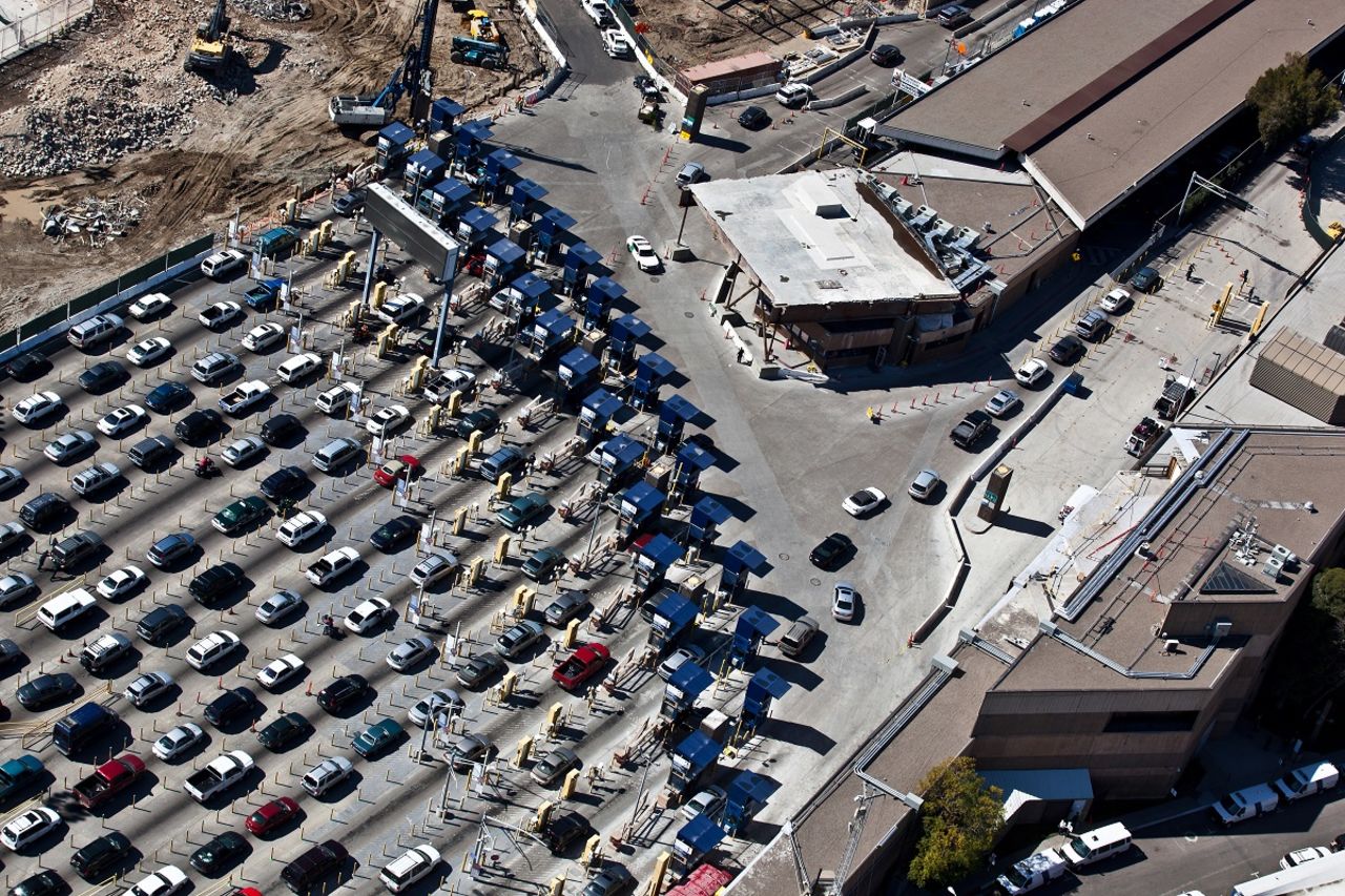 Cars line up at the Customs and Border Protection inspection station at San Ysidro, California, one of the busiest land ports in the Western Hemisphere. The district is north of the U.S.-Mexico border and is often used by travelers between San Diego and Tijuana, Mexico.
