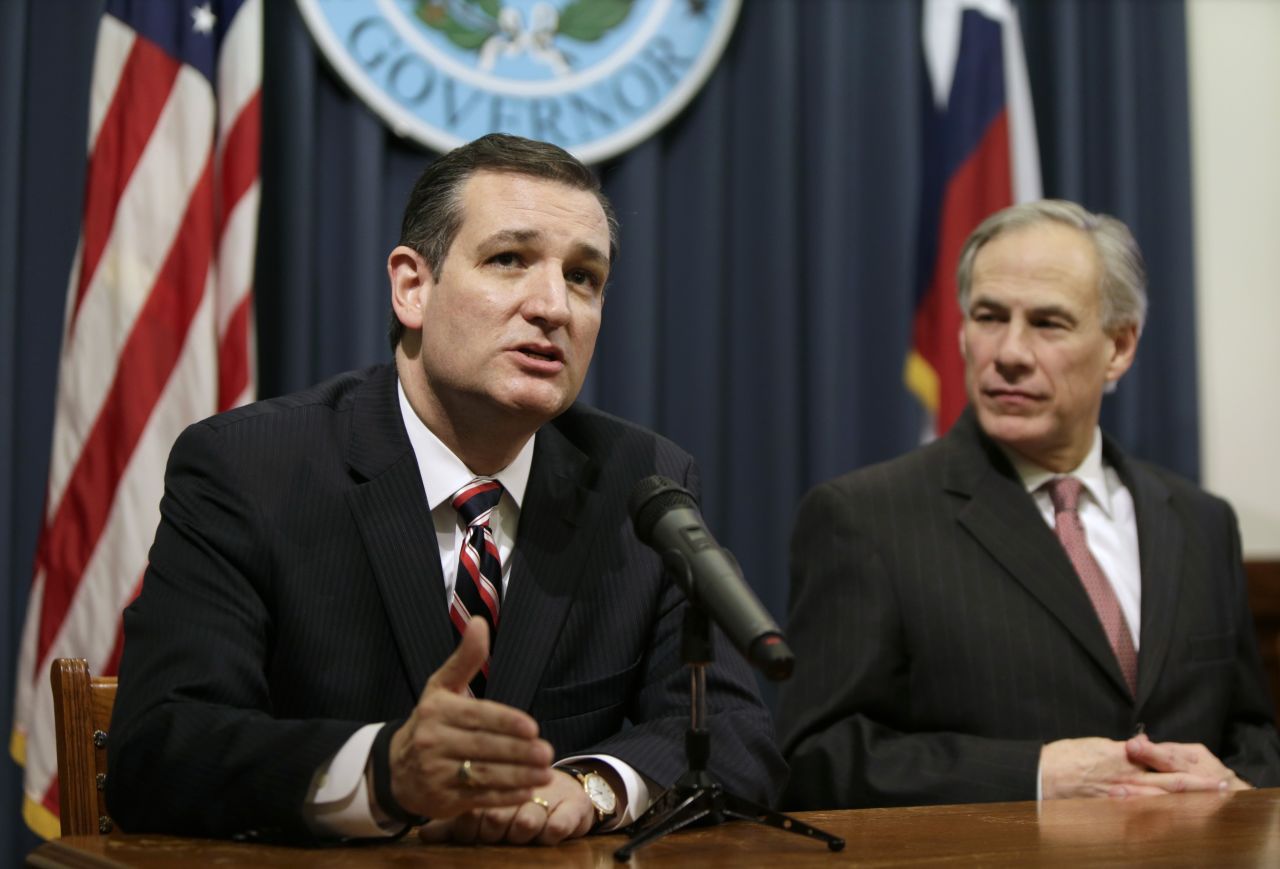 Sen. Ted Cruz, left, with Texas Gov. Greg Abbott, addresses the <a href="http://www.cnn.com/2015/02/17/politics/texas-obama-immigration-injunction/">ruling by a federal judge in Texas </a>delaying President Obama's executive action on immigration on February 18. Months later, on June 6, the 2016 presidential hopeful would hold a fund-raiser along the U.S.-Mexico border in McAllen, Texas. 