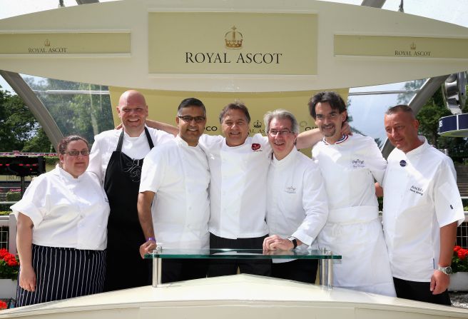Last year Ascot chefs included (from left to right) Gemma Amor, Tom Kerridge, Atul Kochhar, Raymond Blanc, guest, Guy Krenger and Steve Golding.