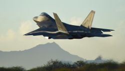 An F-22 Raptor from the Hawaii Air National Guard 199th Fighter Squadron increases altitude shortly after takeoff at Joint Base Pearl Harbor-Hickam, Hawaii, June 6, 2015. F-22 pilots from the 199th FS and 19th FS teamed up with maintenance Airmen from the 154th Wing and 15th Maintenance Group to launch and recover 62 Raptors that day. (U.S. Air Force photo/Tech. Sgt. Aaron Oelrich)