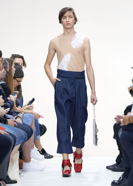 J. W. Anderson told reporters that he sought to create a "laid-back, Zen-like" atmosphere with this collection. Will denim parachute pants and impractical shoes help this model reach nirvana?