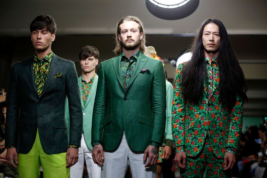 Richard James may be on sabbatical from his eponymous menswear line, but his bold use of color and pattern still comes through. Entitled "My Green Trauma", the collection featured immaculately tailored suits in emerald, jade, and lime.