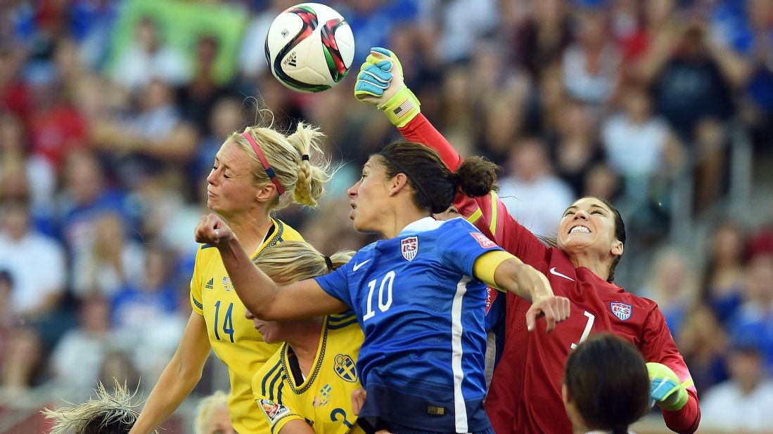 Solo, right, punches the ball away during a match against Sweden on Friday, June 12. The match in Winnipeg, Manitoba, ended in a 0-0 draw.