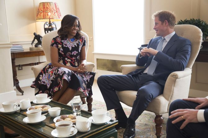 Michelle Obama meets Prince Harry at Kensington Palace in London on Tuesday, June 16.