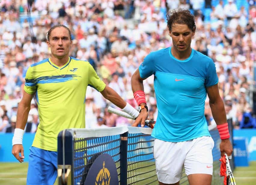 Nadal's comeback faced another hitch after losing to Alexandr Dolgopolov of Ukraine in round one of the Aegon Championships at Queen's Club in London on June 16, 2015. 