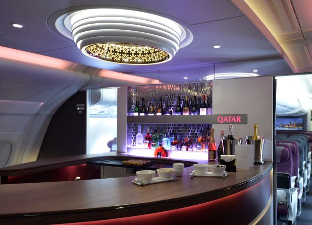 Inside the lounge of the first and business class of an Airbus A380 of Qatar Airways. The airline was voted the world's best in the annual Skytrax awards announced at the Le Bourget Airshow.