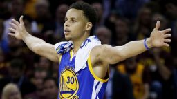 Stephen Curry #30 of the Golden State Warriors reacts in the third quarter against the Cleveland Cavaliers during Game Six of the 2015 NBA Finals at Quicken Loans Arena on June 16, 2015 in Cleveland, Ohio.