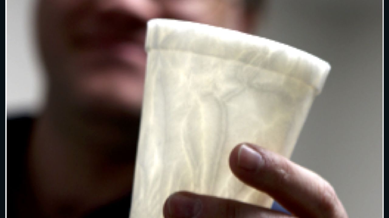 This coffee cup is made entirely from silk, making it biodegradable --and environmentally-friendly.