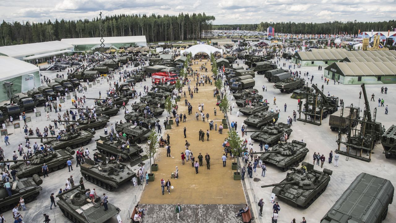 This panoramic view shows dozens of Russian weapons on display.