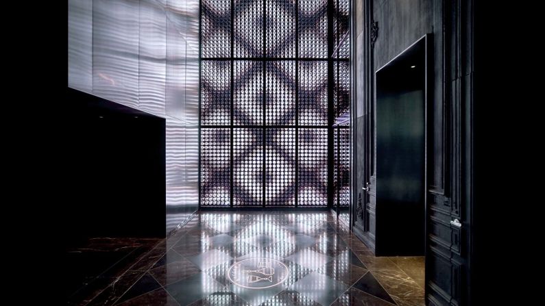 The Baccarat's entrance features a unique take on crystal. More than 2,000 Baccarat Harcourt glasses, lit by LEDs, are arranged on a 20-by-25-foot wall.