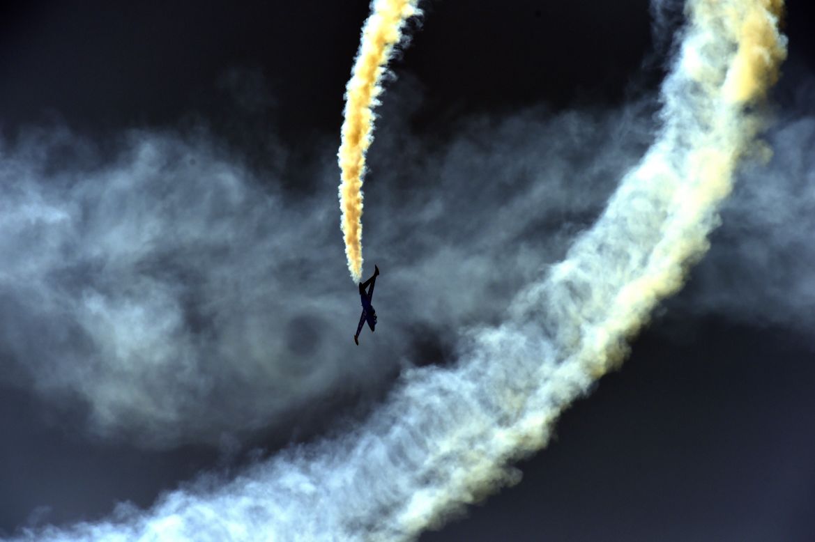 A Fouga Magister CM170 performs during the International Paris Airshow at Le Bourget on June 17, 2015. 