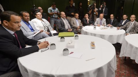 U.N. Special Envoy for Yemen Ismail Ould Cheikh Ahmed (far left) sits with rebels before peace talks.