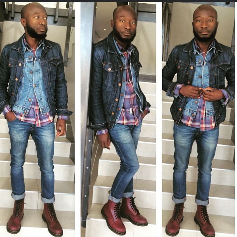"People should know that Africa is a continent that has talent, from sports to fashion," he says, pictured here rocking a triple denim look with vintage cherry-red Doc Martin boots. 