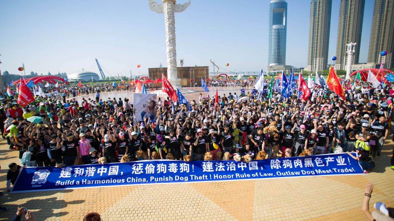 Protesters gather to demonstrate against dog meat trade in China.