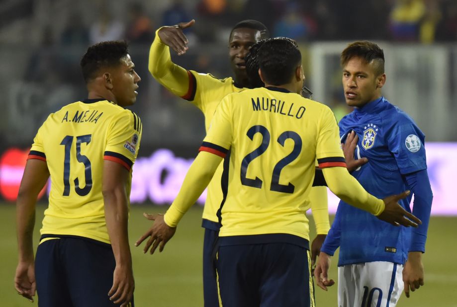 Neymar, who had already been booked, was shown a second yellow card after kicking the ball at an opponent after the referee's whistle had gone. He then also appeared to aim a headbutt at a Colombian opponent.
