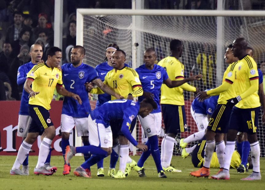 Colombia's Carlos Bacca was also shown a red card after pushing Neymar during a coming together of players. 