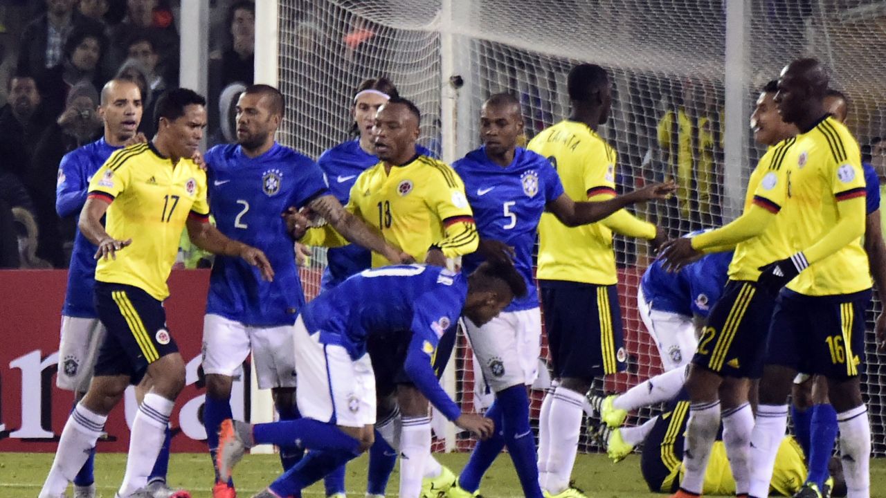 Brazil and Colombia players clash during their Group C clash at the 2015 Copa America.