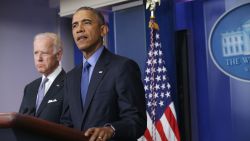 President Barack Obama, flanked by Vice President Joe Biden, makes a statement regarding the shooting in Charleston, South Carolina, June 18, 2015 at the James Brady Press Briefing Room of the White House in Washington, DC. Authorities have arrested 21-year-old Dylann Roof of Lexington County, South Carolina, as a suspect in last night's deadly shooting at the Emanuel AME Church in Charleston, South Carolina, killing nine people.