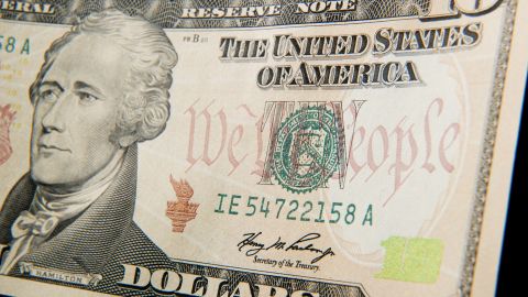 A close-up of the front of the US 10-dollar bill bearing the portrait of Alexander Hamilton, America's first Treasury Secretary, is seen on December 7, 2010 in Washington, D.C. 