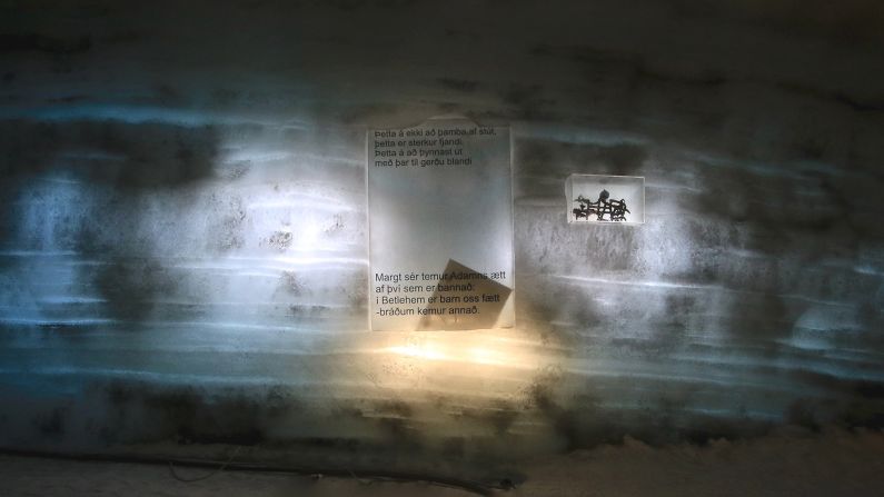Information about Iceland's receding glaciers have been frozen into sections of the cave's walls to inform visitors.