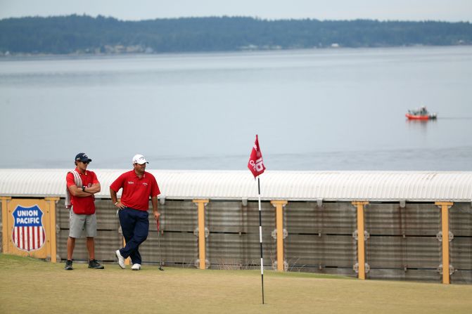 Another player to make a strong start was Patrick Reed, spotted here relaxing against his putter.