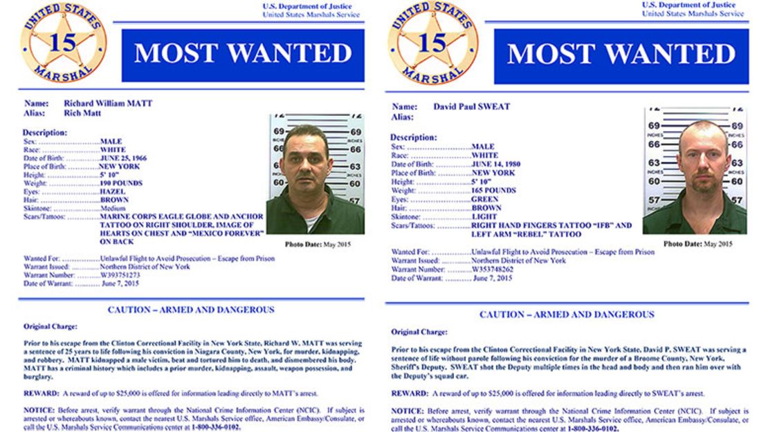 The U.S. Marshals Service has added Richard Matt, left, and David Sweat to its list of the 15 most wanted criminals.