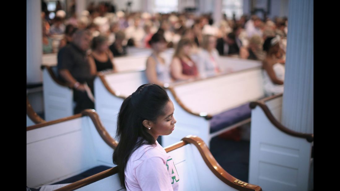 Mourners gather for a community prayer service at Second Presbyterian Church in Charleston on June 18.