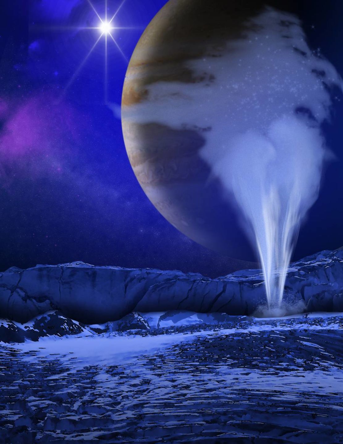 An artist's concept of a plume of water vapor jetting above the icy surface of Europa.