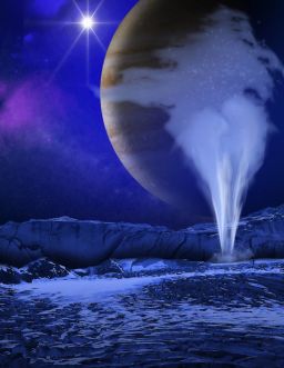An artist's concept of a plume of water jetting above the icy surface of Europa, one of Jupiter's moons.