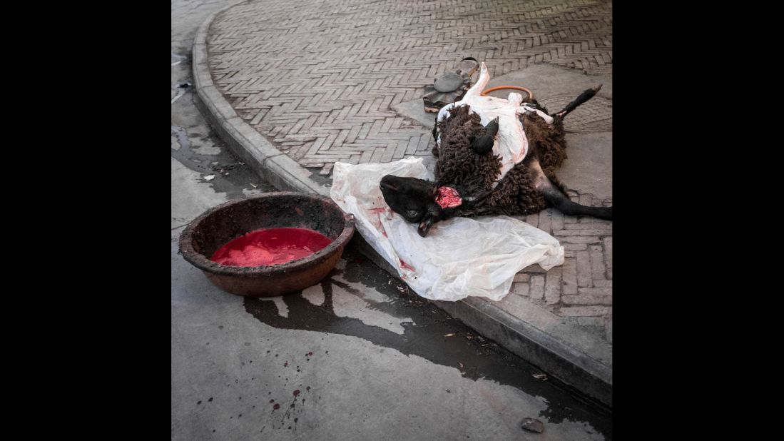 A sheep in Kashgar, China, right after it was killed "halal," a way permissible by Islam. Muslims are the religious majority in the region, but a minority in greater China.