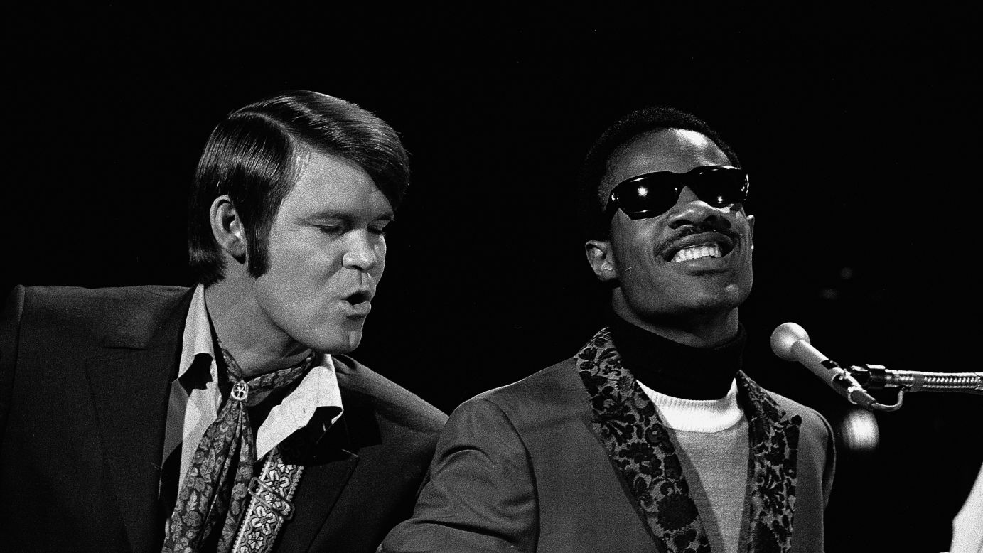 Campbell's appearances on "The Smothers Brothers Comedy Hour" led to his own own variety series, "The Glen Campbell Goodtime Hour." Here, Campbell performs with Stevie Wonder on the show.