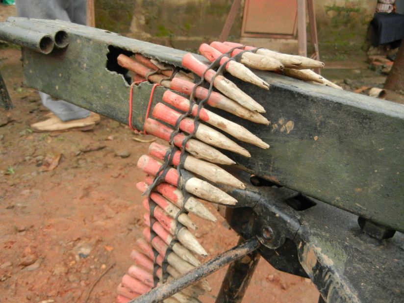 Nabwaana and his crew get creative when building props. These Rambo-style bullets are built from carved wood. Each film costs approximately $200 to make. 'We try and build everything here,' says Nabwaana.