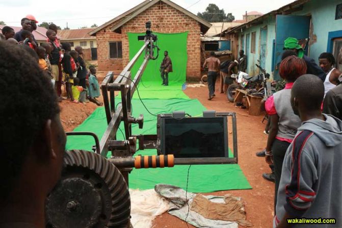 The green screen is a piece of cloth, draped over a wall. The camera crane is made from spare tractor parts by local mechanic Dauda Bissaso.