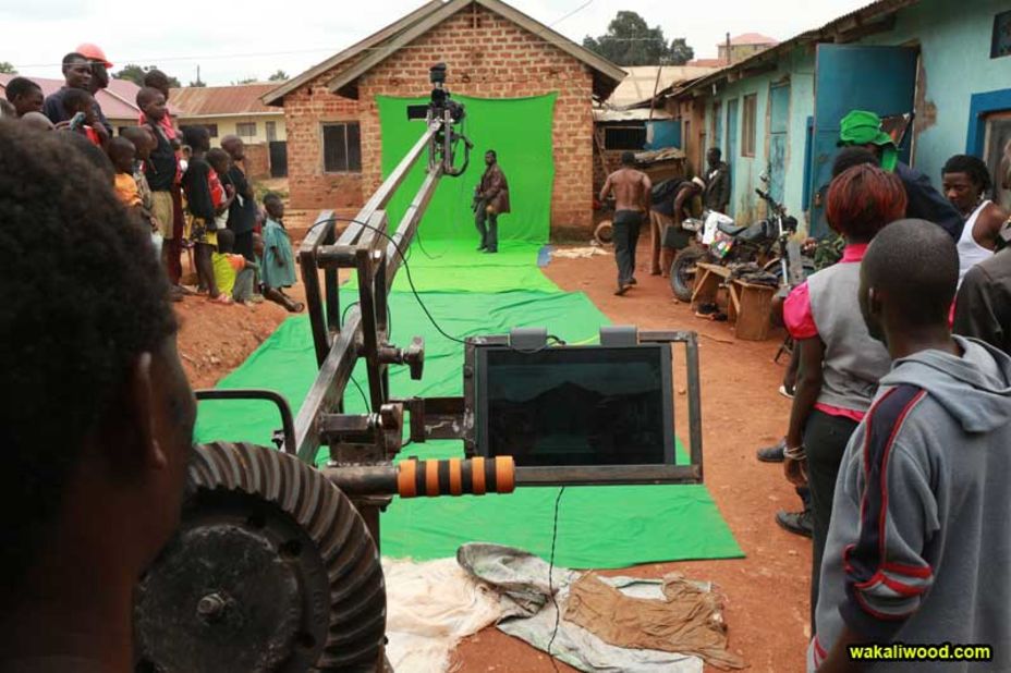 The green screen is a piece of cloth, draped over a wall. The camera crane is made from spare tractor parts by local mechanic Dauda Bissaso.