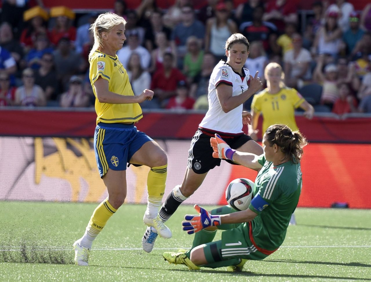 German goalkeeper Nadine Angerer makes a save against a charging Jakobsson.