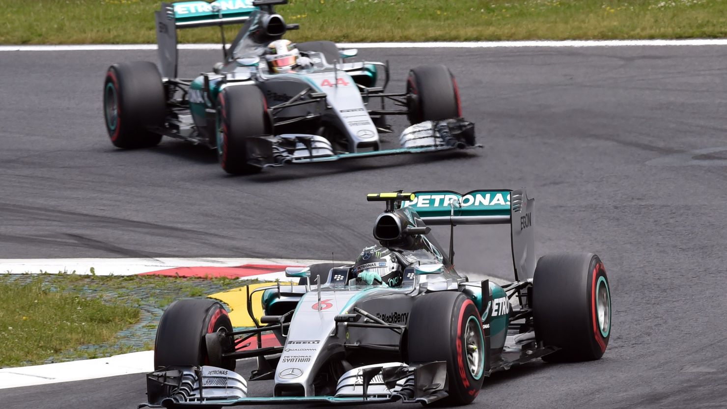 Nico Rosberg leads Mercedes teammate Lewis Hamilton on his way to victory at the Austrian Grand Prix.