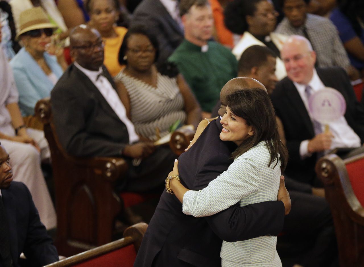 South Carolina Gov. Nikki Haley embraces U.S. Sen Tim Scott. 
