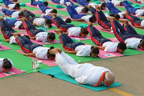 Modi was among the thousands of yoga devotees taking part in the first International Day of Yoga. This pose is called Salabhasana, which strengthens the muscles of the spine, buttocks, arms and legs. It's said to help to relieve stress.